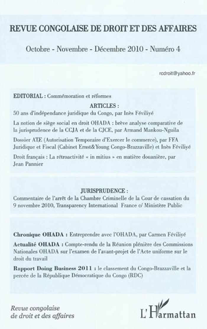 Couverture du livre « REVUE CONGOLAISE DE DROIT ET DES AFFAIRES N 4 - OCTOBRE - NOVEMBRE - DECEMBRE 2010 » de Xxx, librairie Les Contes Infusés à Corte