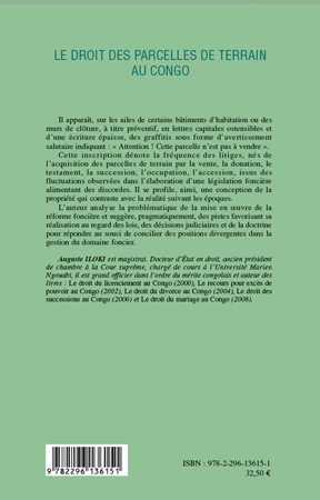 Quatrième de couverture de « LE DROIT DES PARCELLES DE TERRAIN AU CONGO (TOME 1) - VOL01 - DROITS FONCIERS COUTUMIERS - ACQUISITI »