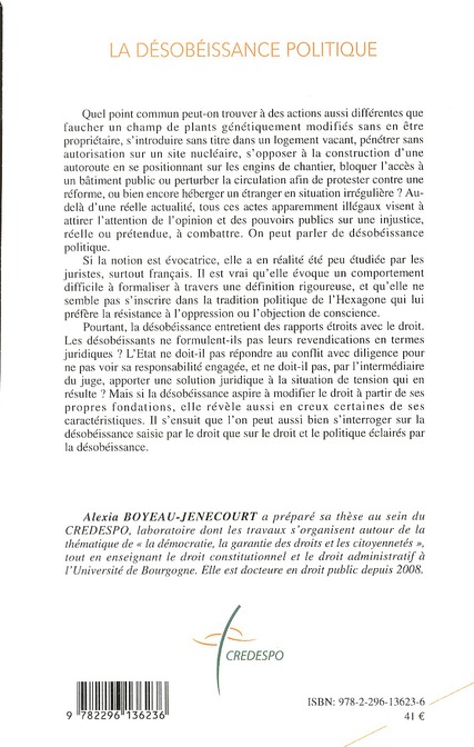 Quatrième de couverture de « LA DESOBEISSANCE POLITIQUE »