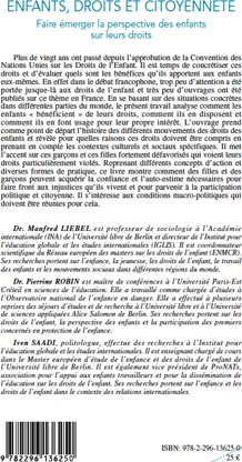 Quatrième de couverture de « ENFANTS, DROITS ET CITOYENNETE - FAIRE EMERGER LA PERSPECTIVE DES ENFANTS SUR LEURS DROITS »