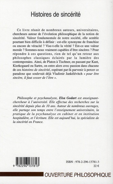 Quatrième de couverture de « HISTOIRES DE SINCERITE »