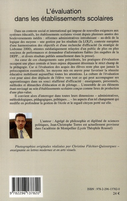 Quatrième de couverture de « L'EVALUATION DANS LES ETABLISSEMENTS SCOLAIRES - THEORIES, OBJETS ET ENJEUX »