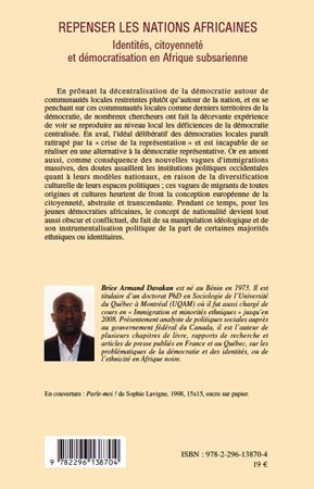 Quatrième de couverture de « REPENSER LES NATIONS AFRICAINES - IDENTITES, CITOYENNETE ET DEMOCRATISATION EN AFRIQUE SUBSAHARIENNE »