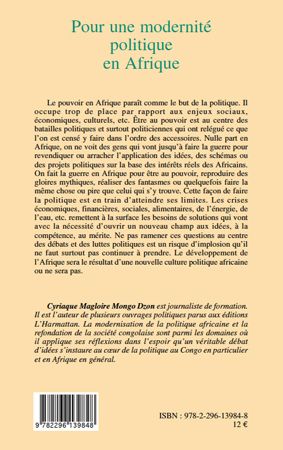 Quatrième de couverture de « POUR UNE MODERNITE POLITIQUE EN AFRIQUE »