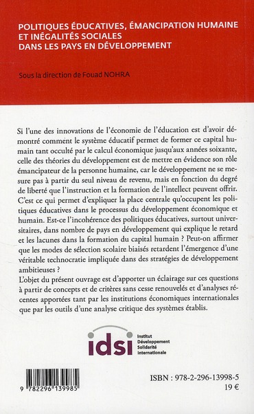 Quatrième de couverture de « POLITIQUES EDUCATIVES, EMANCIPATION HUMAINE ET INEGALITES SOCIALES DANS LES PAYS EN DEVELOPPEMENT »