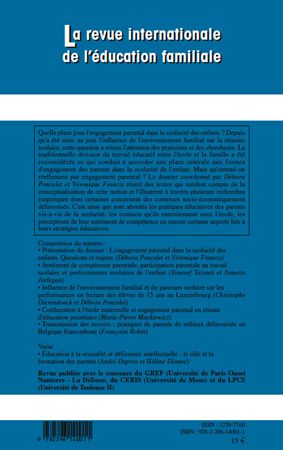 Quatrième de couverture de « L'ENGAGEMENT PARENTAL DANS LA SCOLARITE DES ENFANTS - VOL28 »