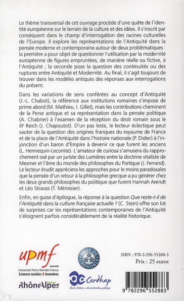 Quatrième de couverture de « LES REPRESENTATIONS DE L'ANTIQUITE »