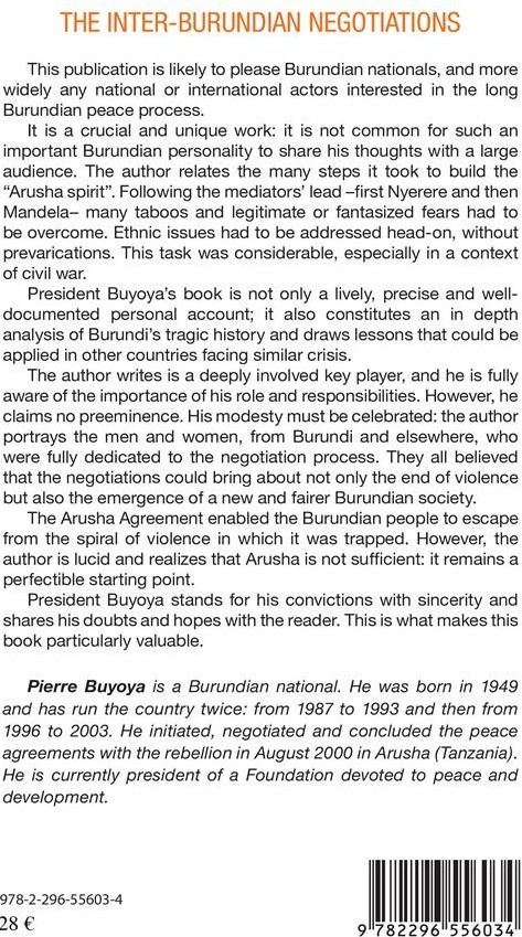 Quatrième de couverture de « THE INTER-BURUNDIAN NEGOTIATIONS - A LONG WALK TOWARDS PEACE »