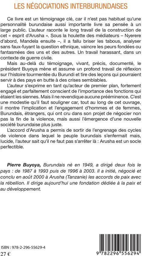 Quatrième de couverture de « LES NEGOCIATIONS INTERBURUNDAISES - LA LONGUE MARCHE VERS LA PAIX »