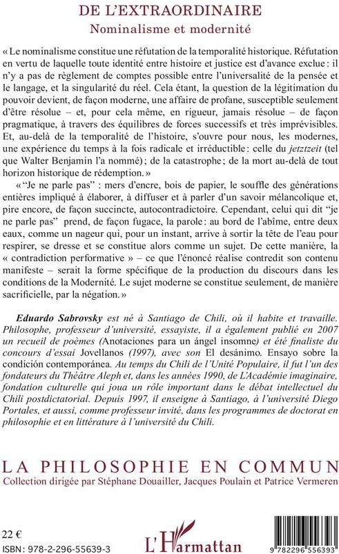 Quatrième de couverture de « DE L'EXTRAORDINAIRE - NOMINALISME ET MODERNITE »