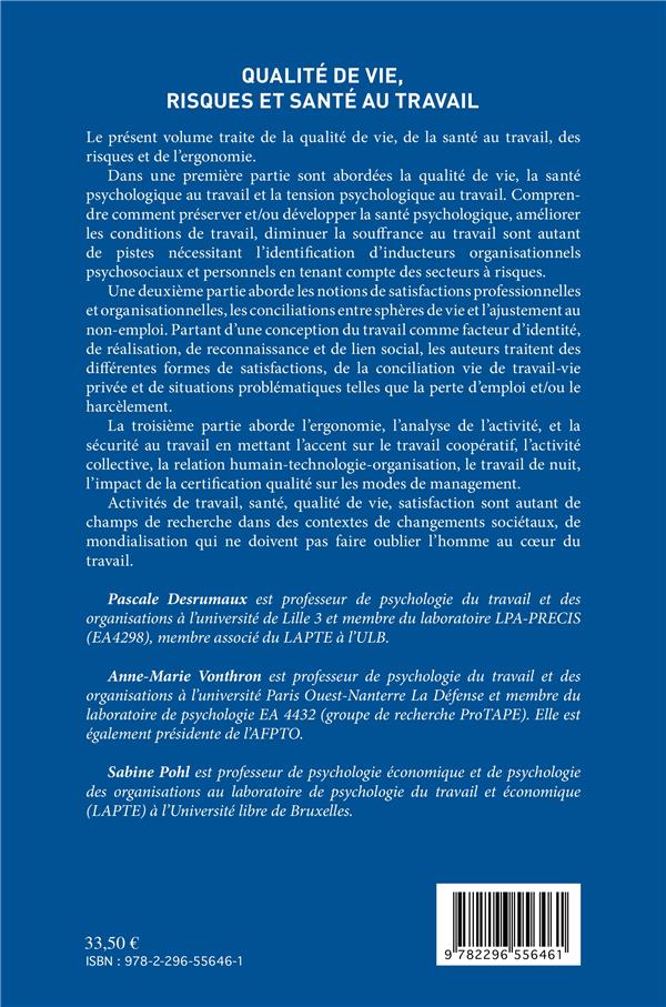 Quatrième de couverture de « QUALITE DE VIE, RISQUES ET SANTE AU TRAVAIL »