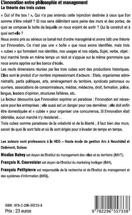 Quatrième de couverture de « L'INNOVATION ENTRE PHILOSOPHIE ET MANAGEMENT - LA THEORIE DES TROIS CUBES »