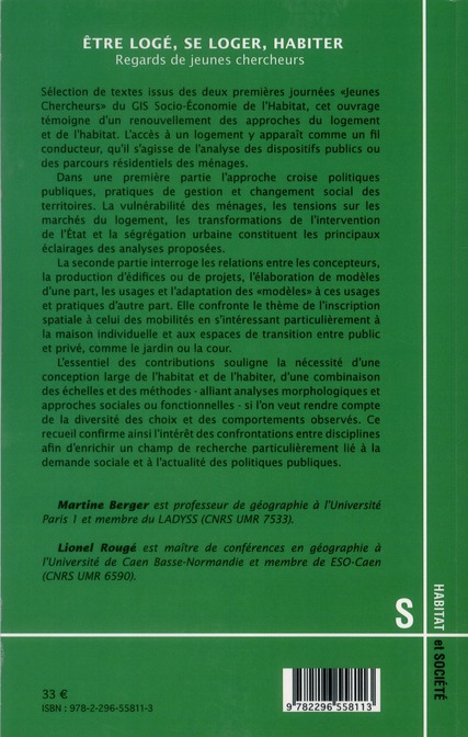 Quatrième de couverture de « ETRE LOGE, SE LOGER, HABITER - REGARDS DE JEUNES CHERCHEURS »