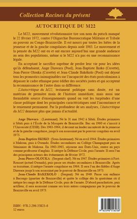Quatrième de couverture de « AUTOCRITIQUE DU M22 - LE MOUVEMENT REVOLUTIONNAIRE DU 22 FEVRIER 1972 AU CONGO-BRAZZAVILLE »