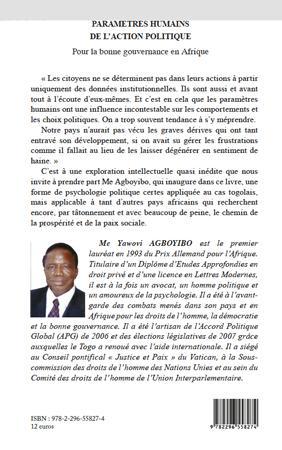 Quatrième de couverture de « PARAMETRES HUMAINS DE L'ACTION POLITIQUE - POUR LA BONNE GOUVERNANCE EN AFRIQUE »