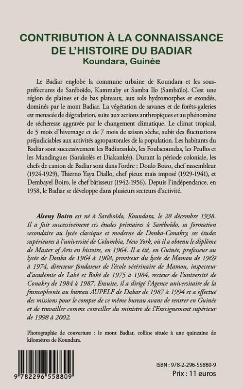 Quatrième de couverture de « CONTRIBUTION A LA CONNAISSANCE DE L'HISTOIRE DU BADIAR - KOUNDARA, GUINEE »