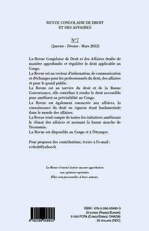 Quatrième de couverture de « REVUE CONGOLAISE DE DROIT ET DES AFFAIRES - VOL07 - (JANVIER/FEVRIER/MARS 2012) »