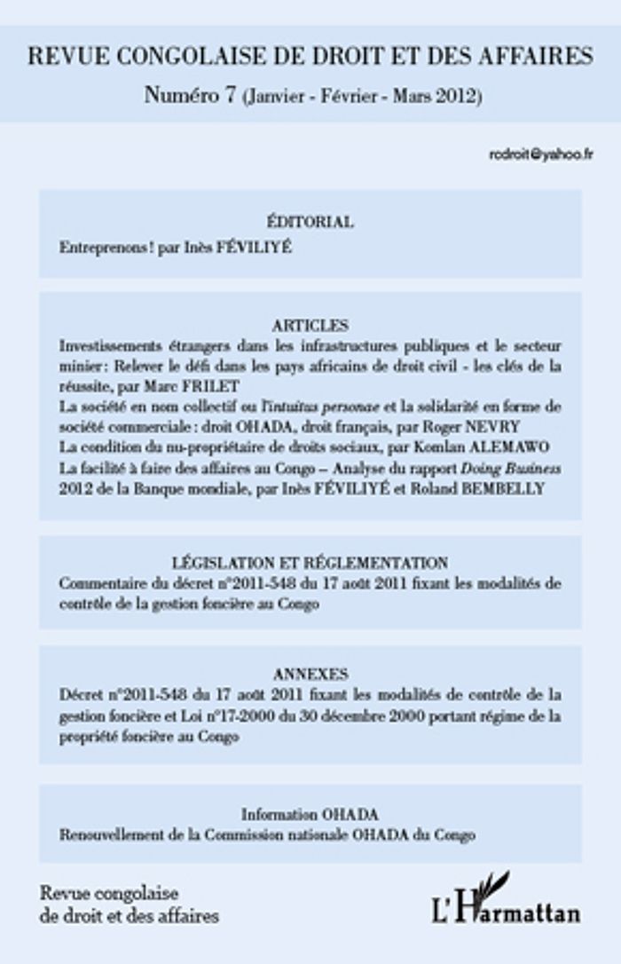 Couverture du livre « REVUE CONGOLAISE DE DROIT ET DES AFFAIRES - VOL07 - (JANVIER/FEVRIER/MARS 2012) » de Ines Feviliye, librairie Les Contes Infusés à Corte