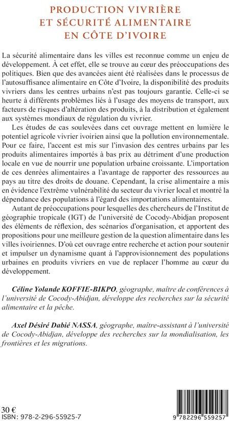 Quatrième de couverture de « PRODUCTION VIVRIERE ET SECURITE ALIMENTAIRE EN COTE D'IVOIRE »