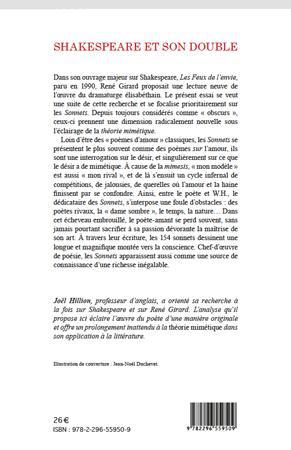Quatrième de couverture de « SHAKESPEARE ET SON DOUBLE - LES SONNETS DE SHAKESPEARE A LA LUMIERE DE LA THEORIE MIMETIQUE DE RENE »