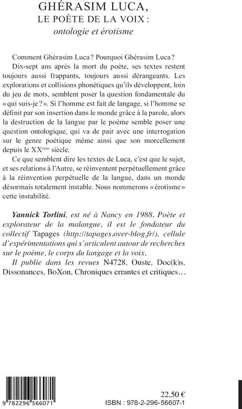 Quatrième de couverture de « GHERASIM LUCA, LE POETE DE LA VOIX : ONTOLOGIE ET EROTISME »