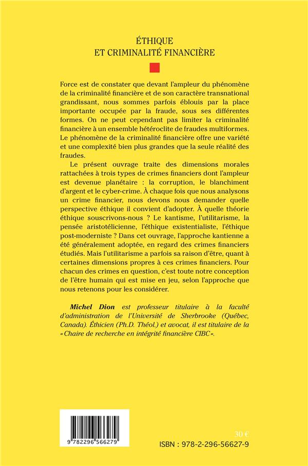 Quatrième de couverture de « ETHIQUE ET CRIMINALITE FINANCIERE »