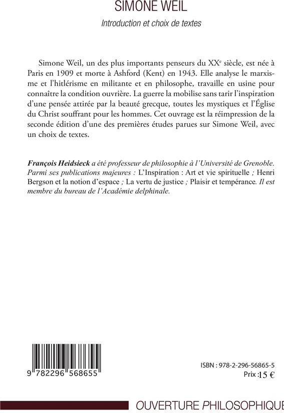 Quatrième de couverture de « SIMONE WEIL - INTRODUCTION ET CHOIX DE TEXTES »