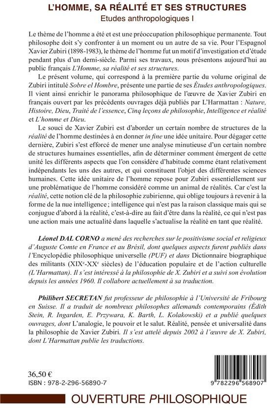Quatrième de couverture de « L'HOMME, SA REALITE ET SES STRUCTURES - ETUDES ANTHROPOLOGIQUES I »