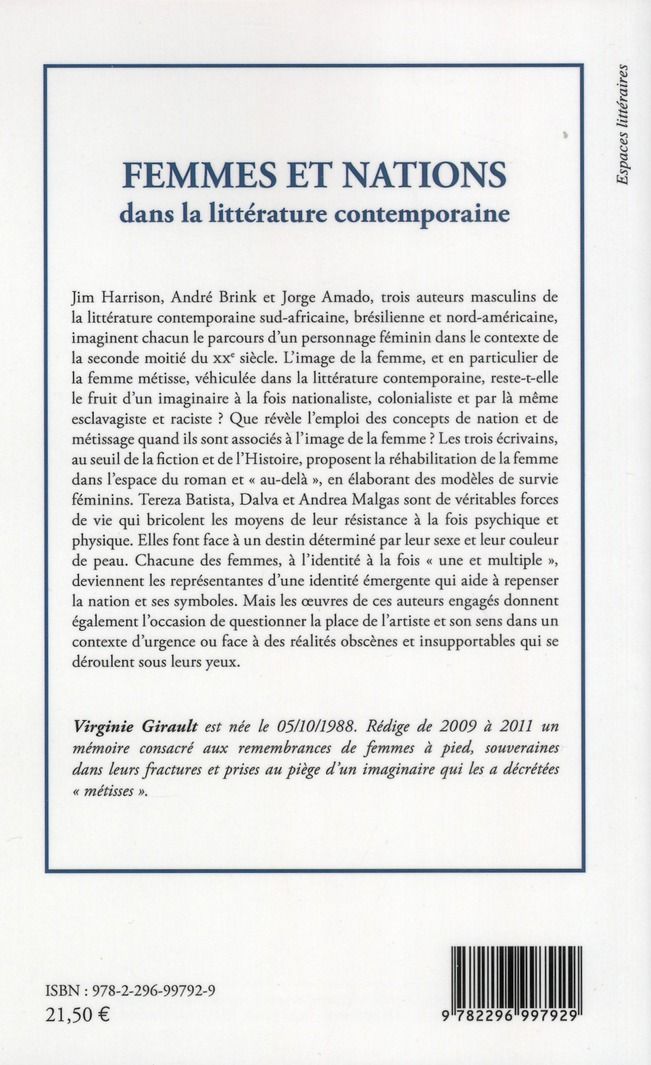 Quatrième de couverture de « FEMMES ET NATIONS DANS LA LITTERATURE CONTEMPORAINE »