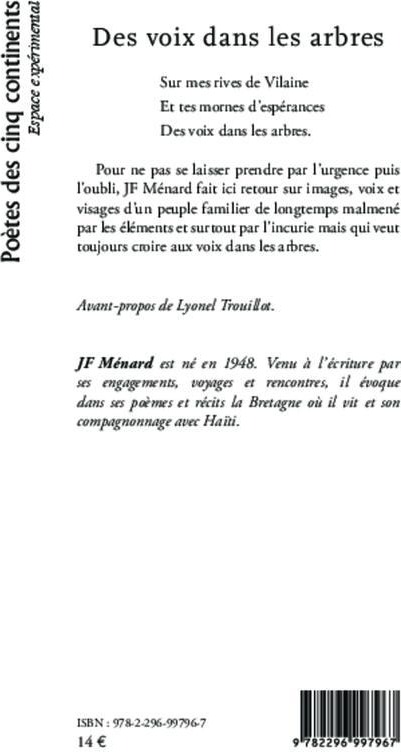 Quatrième de couverture de « DES VOIX DANS LES ARBRES »