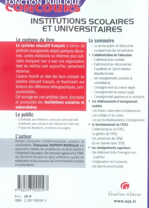 Quatrième de couverture de « LES INSTITUTIONS SCOLAIRES ET UNIVERSITAIRES »