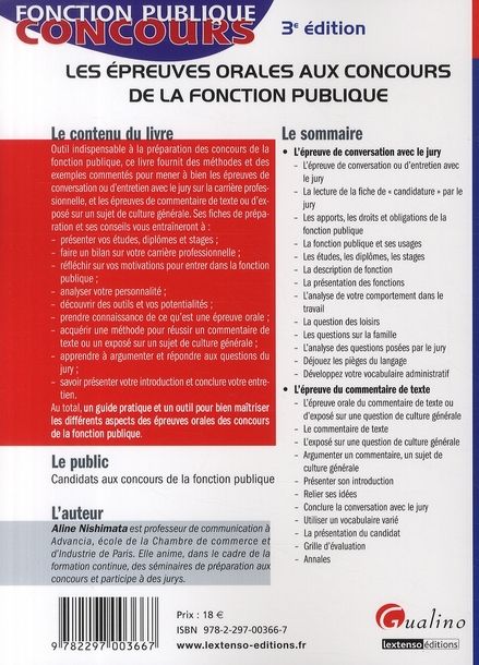 Quatrième de couverture de « LES EPREUVES ORALES AUX CONCOURS DE LA FONCTION PUBLIQUE - 3EME EDITION »