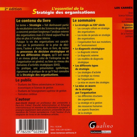 Quatrième de couverture de « L'ESSENTIEL DE LA STRATEGIE DES ORGANISATIONS - 2EME EDITION »