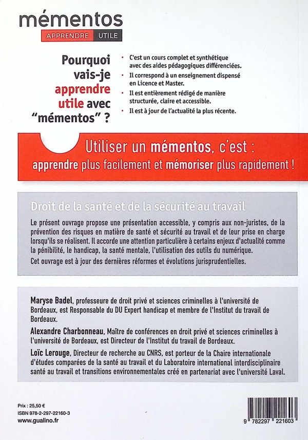 Quatrième de couverture de « Droit de la santé et de la sécurité au travail : cours intégral et synthétique + tableaux et schémas »