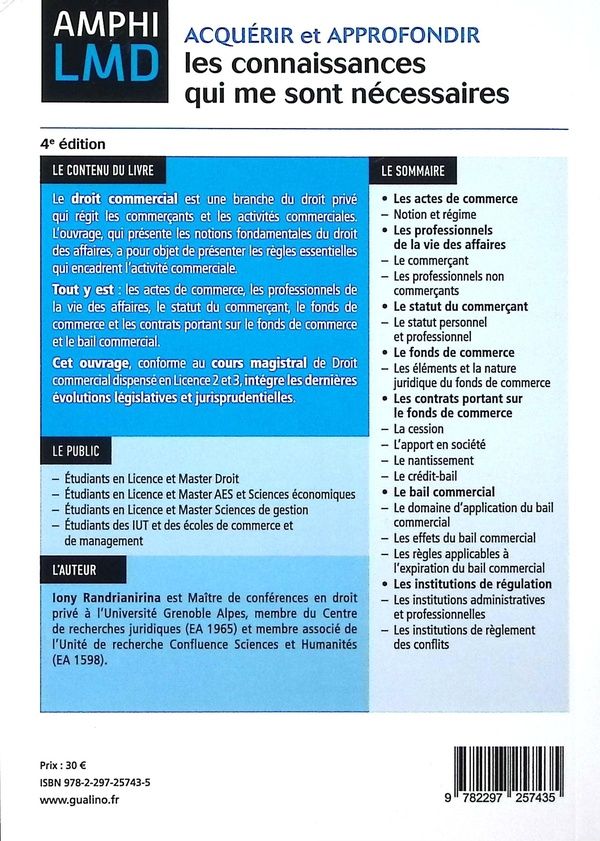 Quatrième de couverture de « Cours de droit commercial »