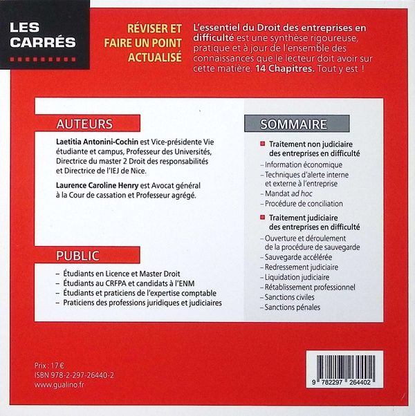 Quatrième de couverture de « L'essentiel du droit des entreprises en difficulté »