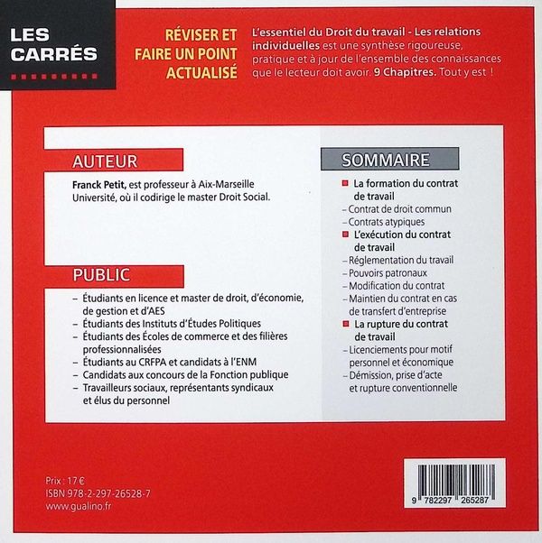 Quatrième de couverture de « L'essentiel du droit du travail : les relations individuelles »