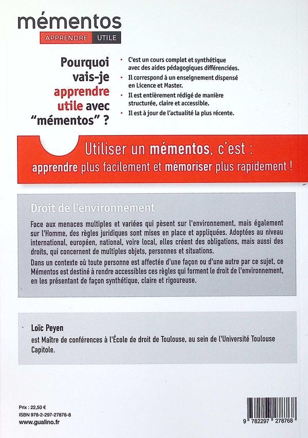 Quatrième de couverture de « Droit de l'environnement : cours intégral et synthétique + tableaux et shémas »