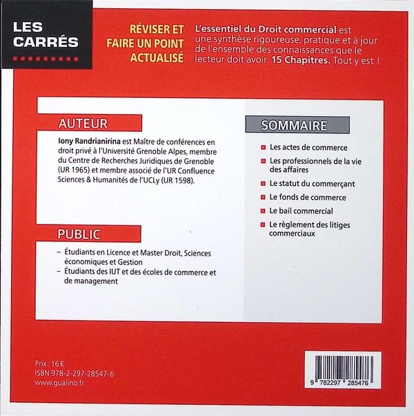 Quatrième de couverture de « L'essentiel du droit commercial »