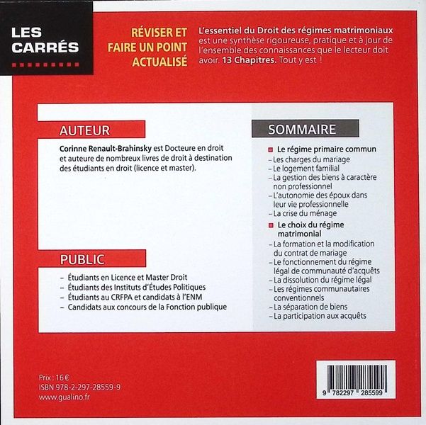 Quatrième de couverture de « L'essentiel du droit des régimes matrimoniaux »