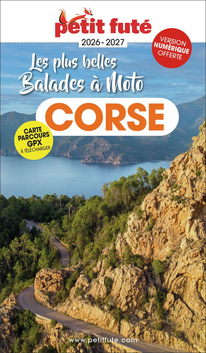 Couverture du livre « GUIDE CORSE A MOTO 2026/2027 PETIT FUTE », librairie Les Contes Infusés à Corte