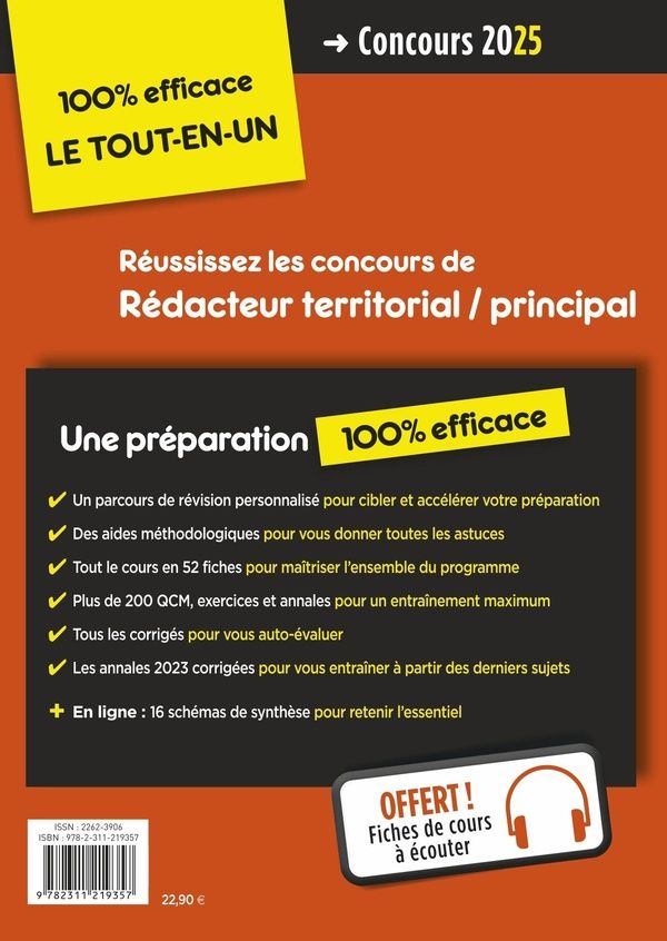 Quatrième de couverture de « Rédacteur territorial, rédacteur principal : externe, interne et examen professionnel »