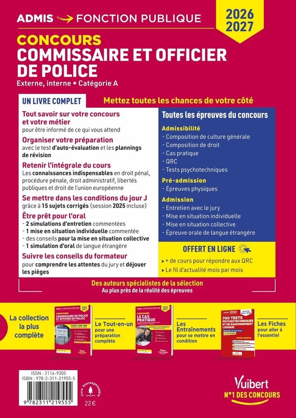 Quatrième de couverture de « Concours commissaire et officier de police : externe, interne, catégorie A »