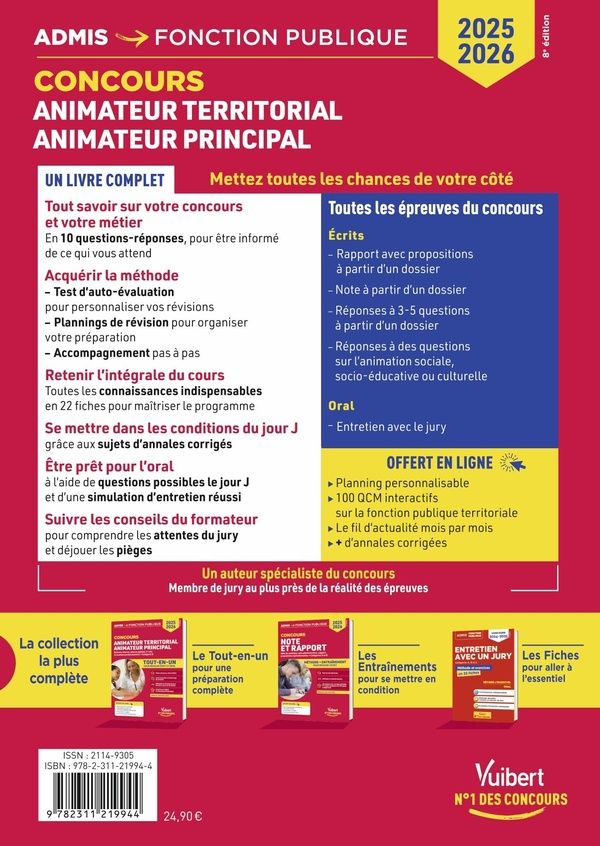 Quatrième de couverture de « Concours animateur territorial, animateur principal 2e classe et 1re classe : externe, interne, interne spécial, 3e voie et examens professionnels, catégorie B »