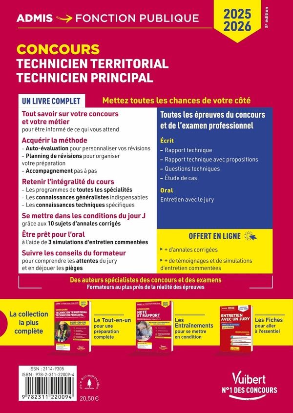 Quatrième de couverture de « Technicien territorial, technicien principal : externe, interne, 3e voie, examens professionnels, catégorie B »