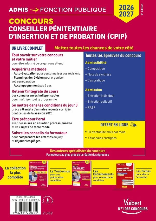 Quatrième de couverture de « Conseiller pénitentiaire d'insertion et de probation, CPIP : externe, interne, catégorie A »