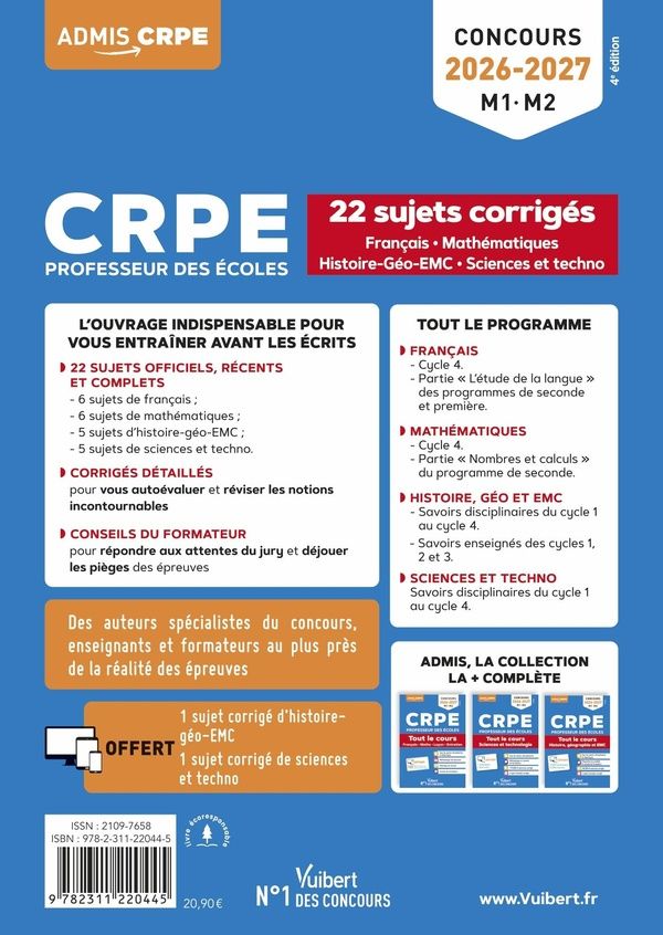 Quatrième de couverture de « CRPE, professeur des écoles : 22 sujets corrigés »