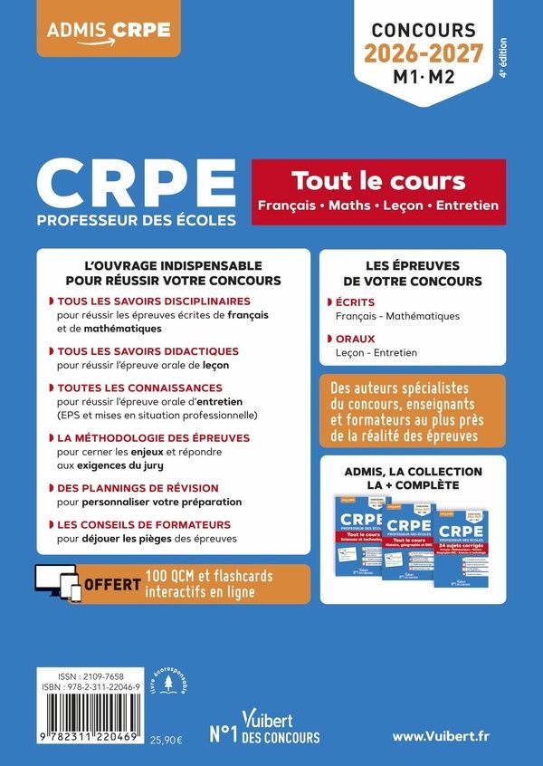 Quatrième de couverture de « CRPE, professeur des écoles : tout le cours, français, maths, leçon, entretien »