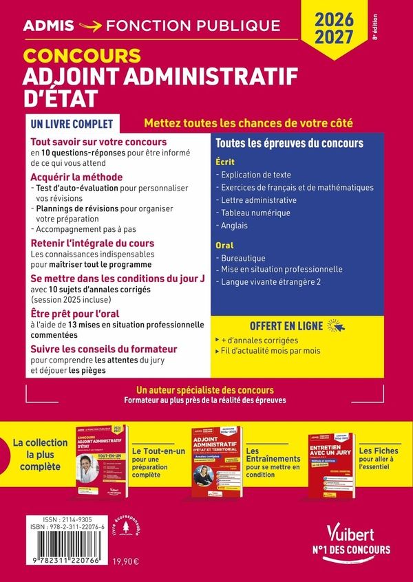 Quatrième de couverture de « Adjoint administratif d'État : externe, interne, 3e voie, catégorie C »