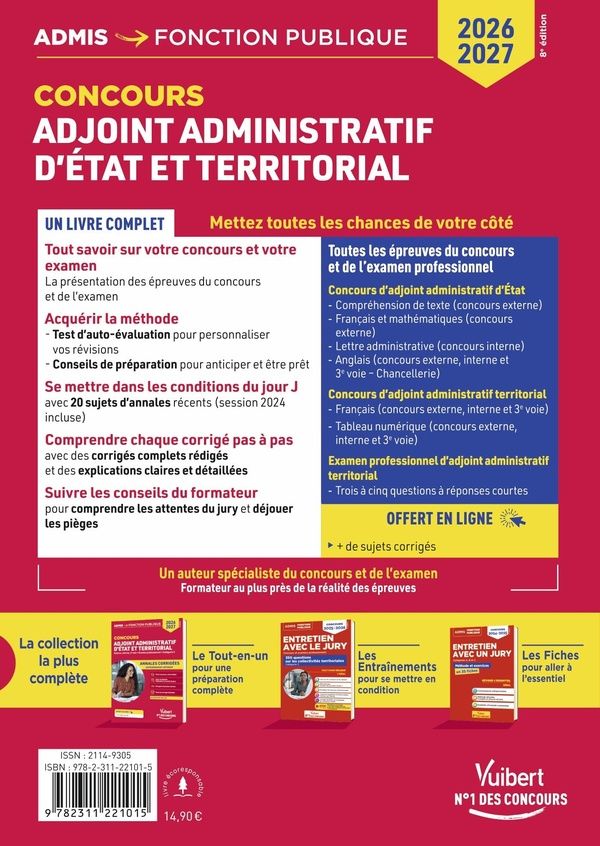 Quatrième de couverture de « Adjoint administratif d'État et territorial : externe, interne, 3e voie, examen professionnel, catégorie C »